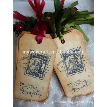 Hot selling Christmas decoration vintage christmas gift tags hang tags recycled paper tags with colored ribbon